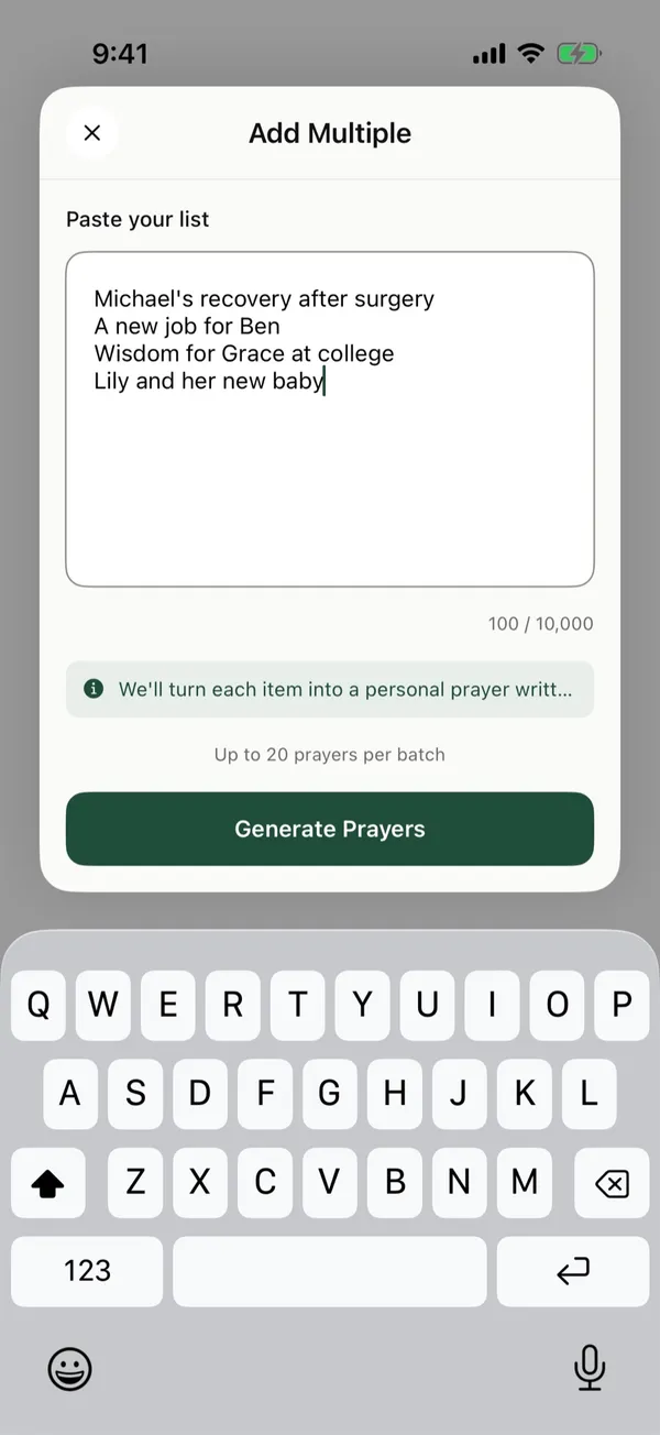 A prayer list pasted into The Pray App, one request on each line