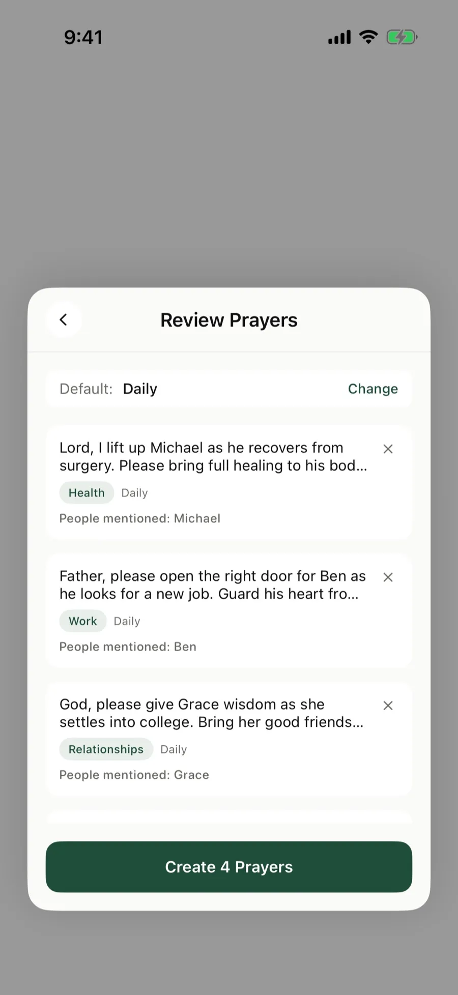 Review Prayers with drafted prayer cards for Michael, Ben, and Grace, each with a category