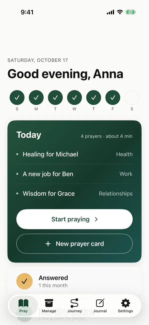Today in The Pray App with the prayer cards due and the days prayed this week