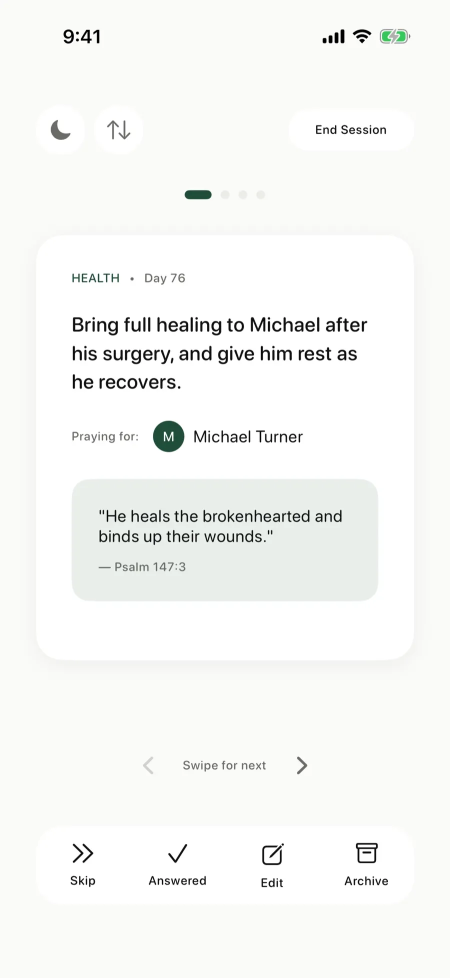 A prayer card for Michael’s healing after surgery, with Psalm 147:3