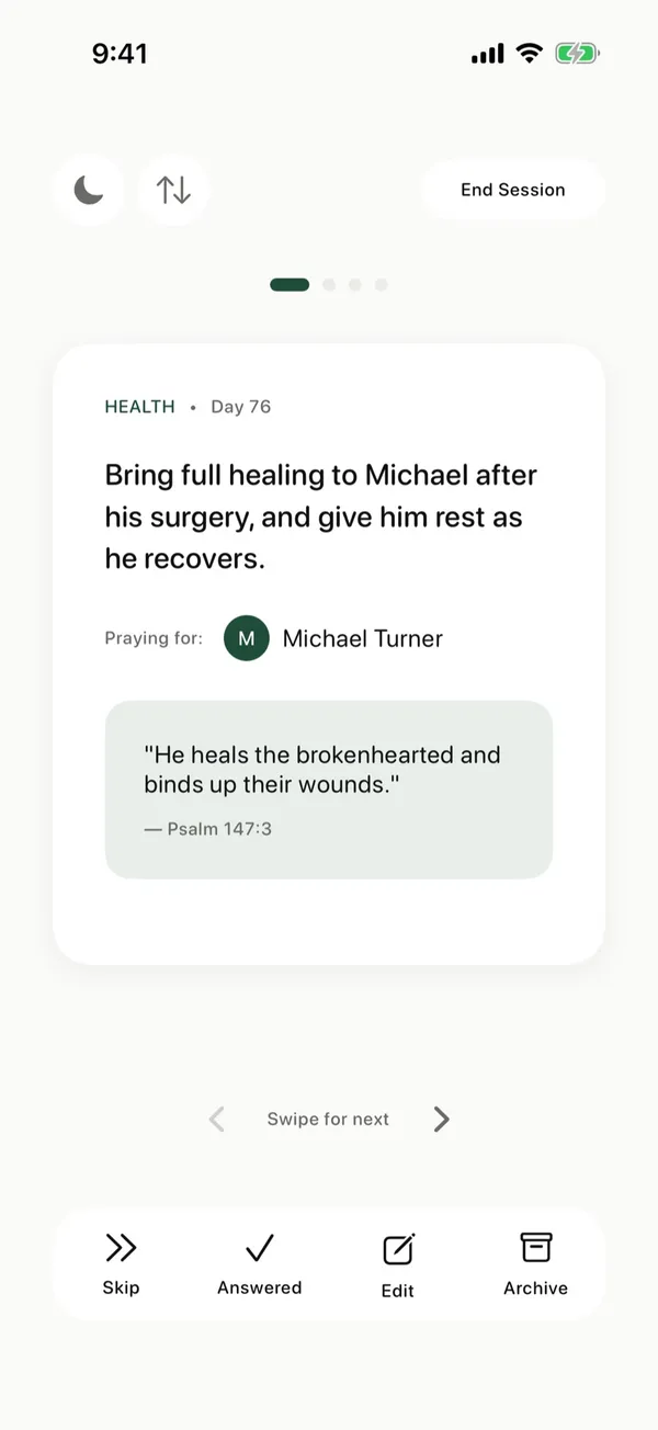 A prayer card in The Pray App with a prayer, the person it's for, and a Bible verse
