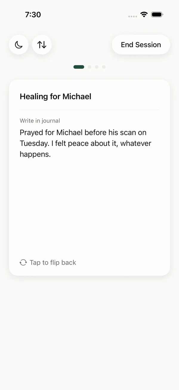 A journal note on the back of a prayer card in The Pray App