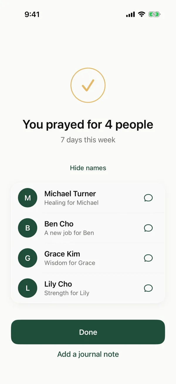 People you prayed for in The Pray App, each with a message button