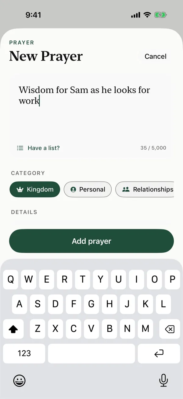 The New Prayer screen in The Pray App with a prayer for Sam as he looks for work