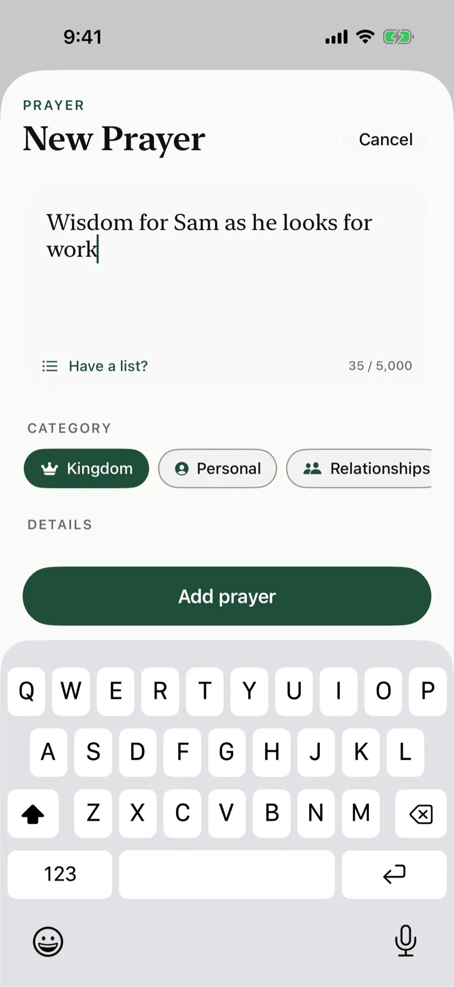 The New Prayer screen with a prayer for Sam as he looks for work