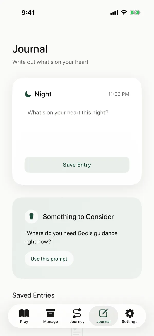 The Journal screen in The Pray App with a prompt under Something to Consider