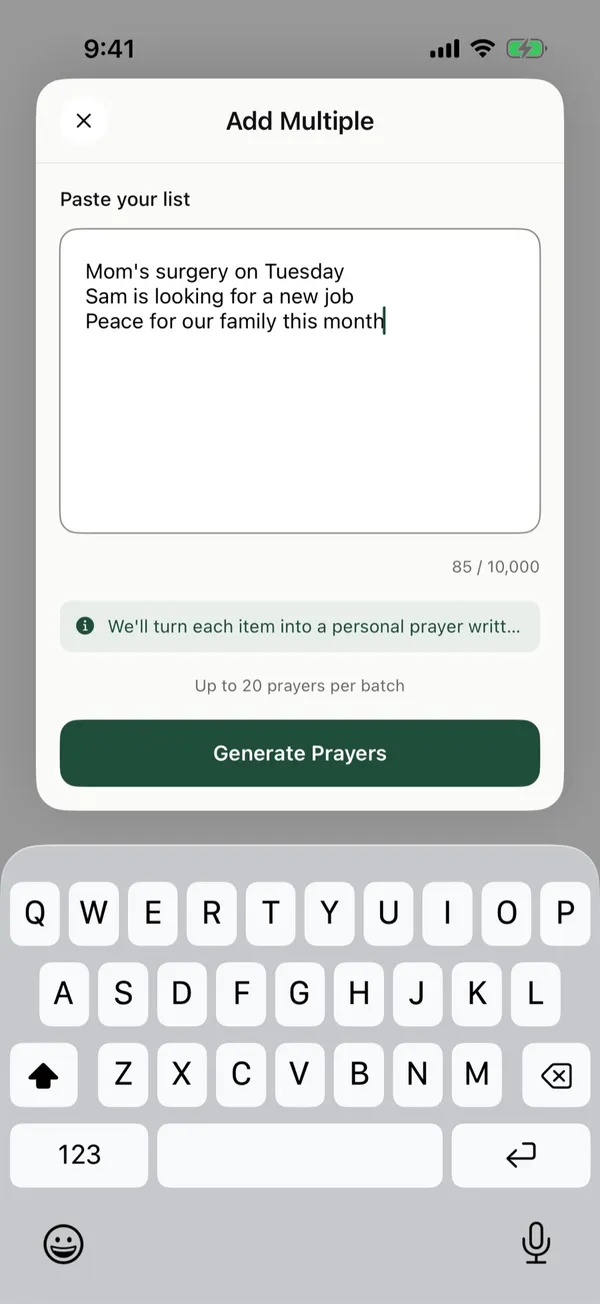 The Paste your list screen with three prayer requests typed in