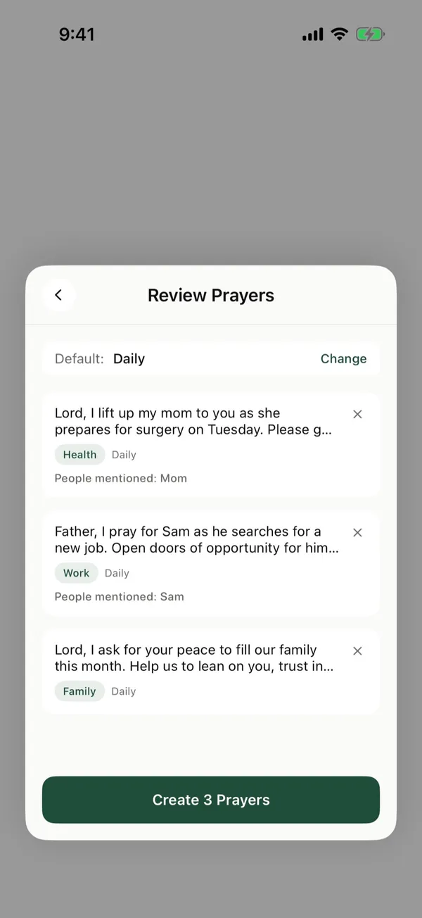 Three draft prayer cards, each with a category and a frequency, ready to check