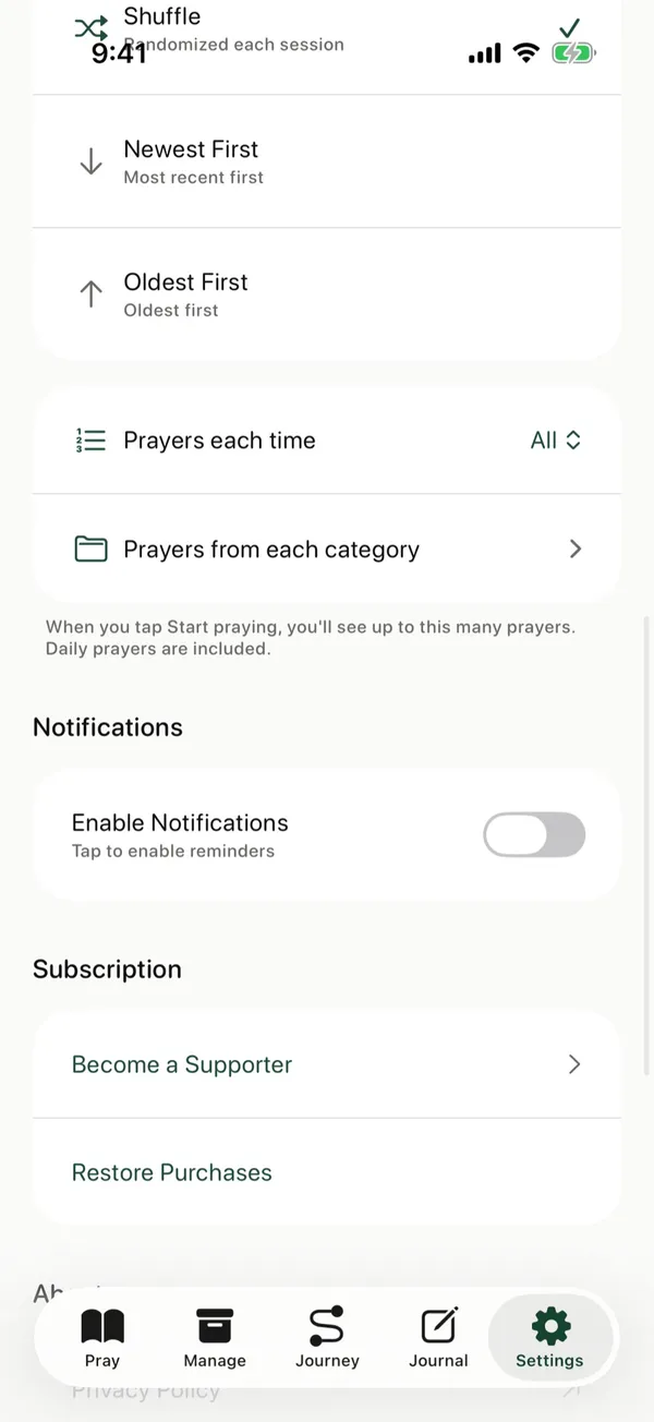 The Notifications section in The Pray App Settings with a daily prayer reminder