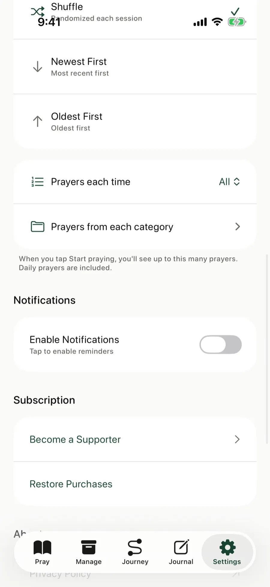The Notifications section in Settings with Daily Prayer Reminder and Reminder Time