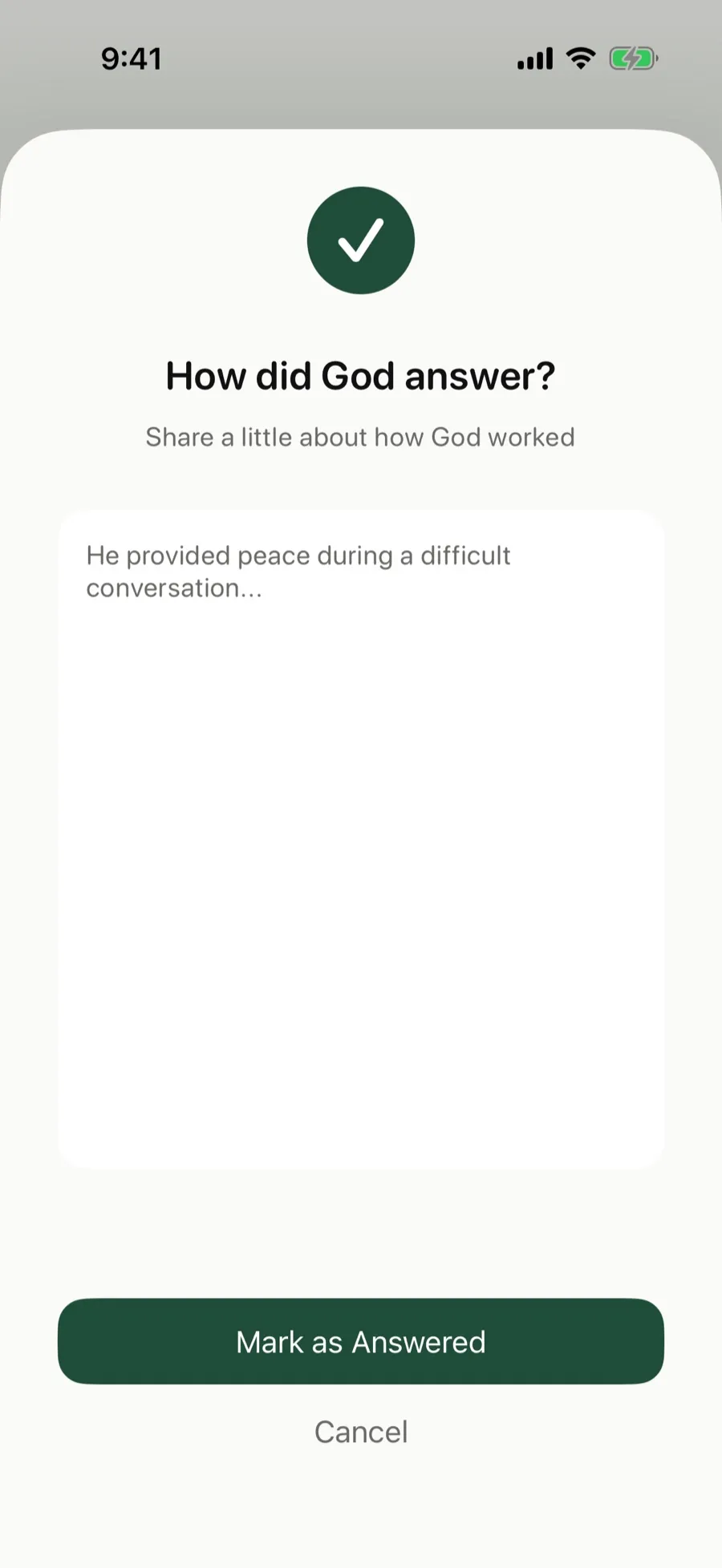 The How did God answer? screen with a place to write