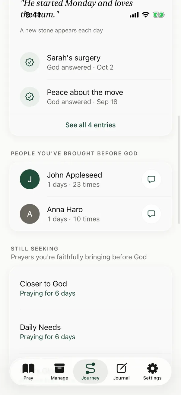 People You've Brought Before God in Journey, with a message button next to each person